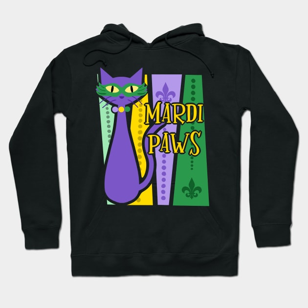 Mardi Paws Mid Century Modern Mardi Gras Funny Cat Hoodie by ksrogersdesigns